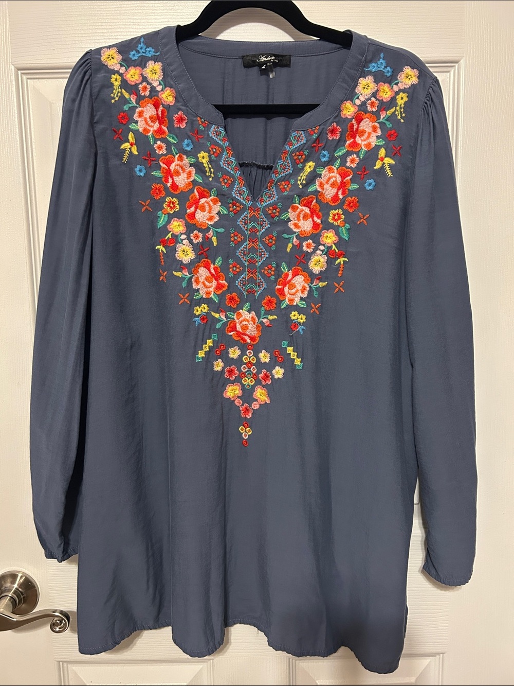 Andree Slate Blue Long-Sleeve Tunic with Multicolor Floral Embroidery